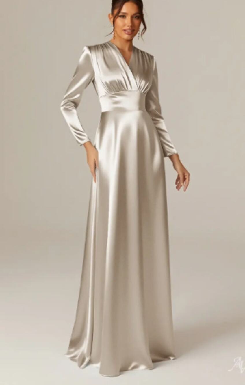 AW BRIDAL 0 XS champagne crystal satin April  Formal Party Gala Maxi Dress B54